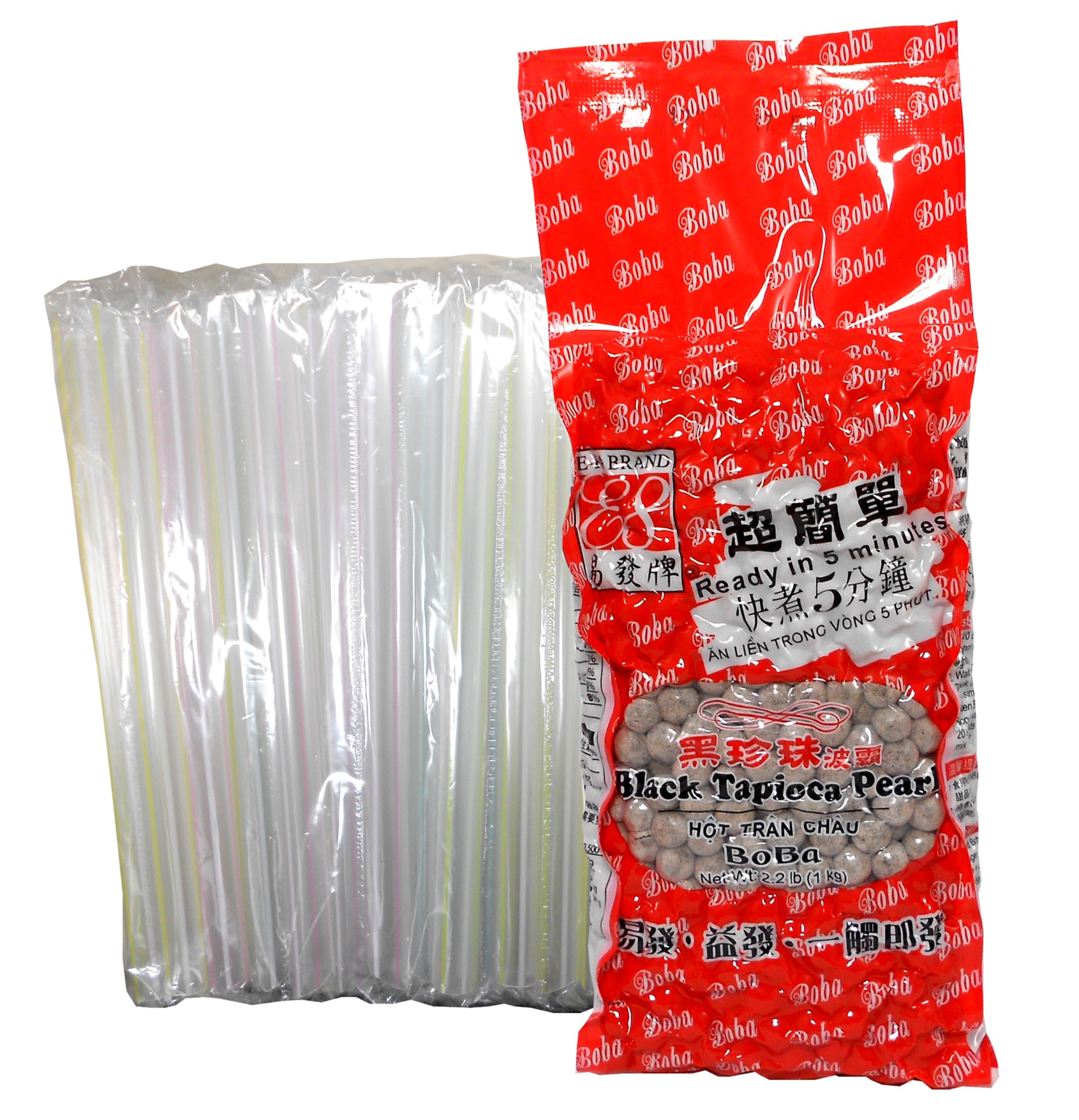 E-Fa Black Boba Tapioca Pearls Quick Cook 2.2 lbs with 50 Boba Straws Individually Wrapped (2-Piece Set)