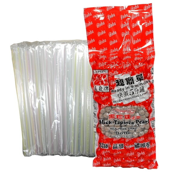 E-Fa Black Boba Tapioca Pearls Quick Cook 2.2 lbs, with 50 Individually Wrapped Boba Straws