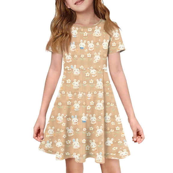 YOUYEDIAN Girls Easter Dresses Teen 2026 Festival Casual Comfy Short Sleeve Crew Neck A-Line Dress Kids Cute Bunny Print Sundresses (Ginger, 11-12 Years)