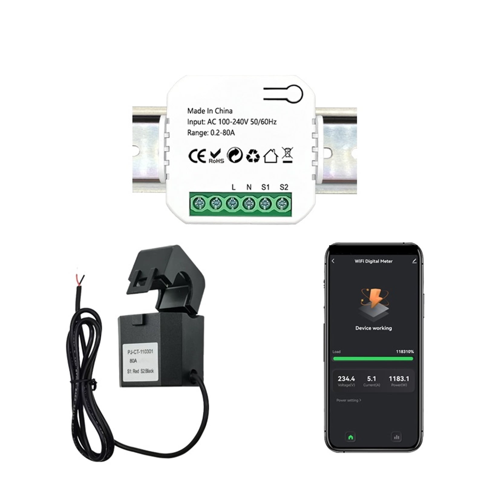 Tuya Digital Energy Meter 80A With Current Transformer Sensor Clamp Power Consumption Monitor Easy to Install