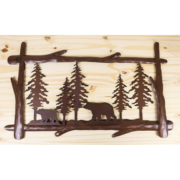 23"L Rustic Forest Black Bear And Cub By Pine Trees Metal Wall Art Sign Plaque