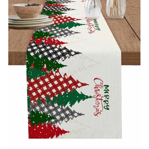 Ldtrchee Red Green Gray Christmas Table Runner 36 Inches, Xmas Tree Snowflake Plaid Rustic Bed Runner Dresser Scarves Tabletop for Indoor Outdoor Parties/Ceremony/Banquet, 13"x 36"