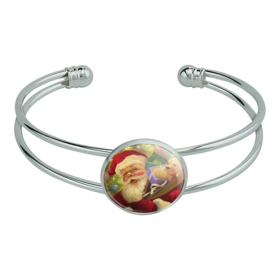 Christmas Holiday Santa Jolly Sparkle Novelty Silver Plated Metal Cuff Bangle Bracelet