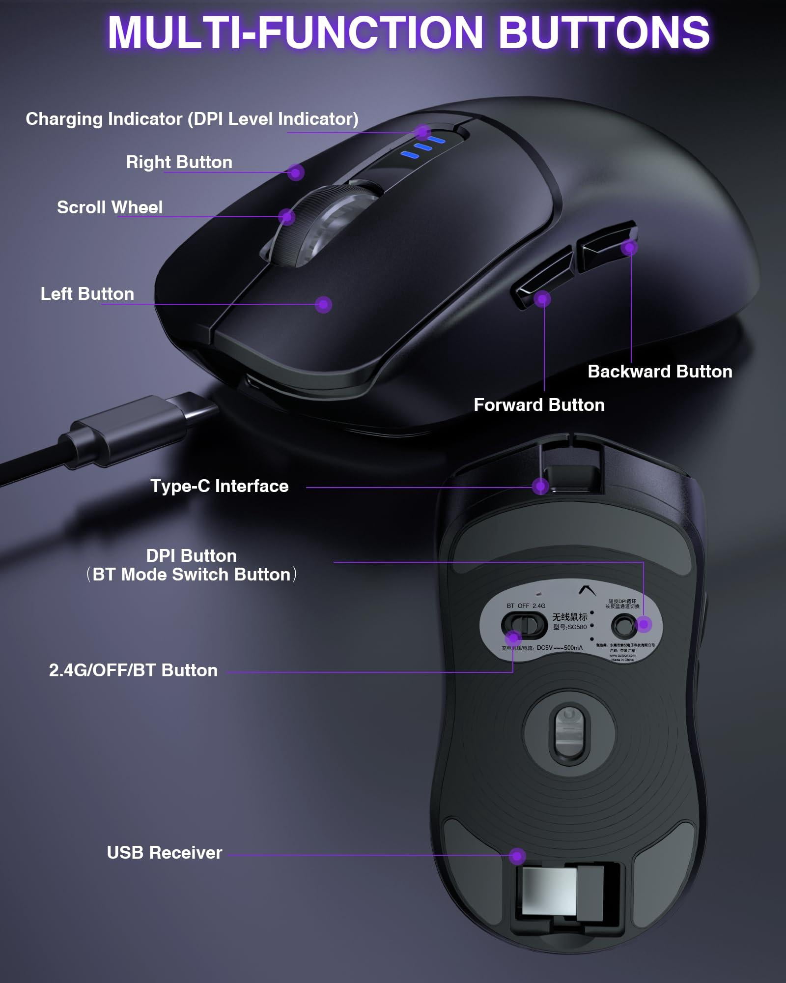 Sc580 Wireless Gaming Mouse  Tri-mode 2.4g/bt5.0/usb-c 12000 Dpi Rechargeable With 6 Buttons Computer For Laptop/pc/mac/tablet