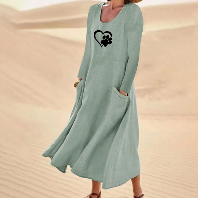 Meichang Robes Maxi en Coton et Lin pour Femmes Grande Taille à Manches Longues à Encolure Dégagée Imprimé Patte de Chien Cœur Robes Évasées Décontractées d'Été avec Poches Vert m