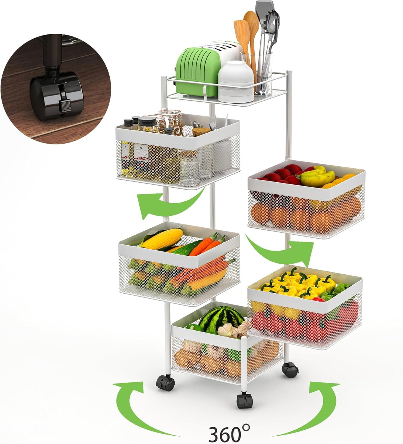 Howcool Square 5-Tier Rotating Kitchen Organizer, Heavy-Duty Metal Rolling Storage Cart with Wheels