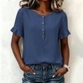 thumbnail image 2 of ClodeEU Women's Crew Neck Short Sleeve Henley Blouse,Casual Solid Color Linen Blend Top Navy,Women's Plus S, 2 of 8