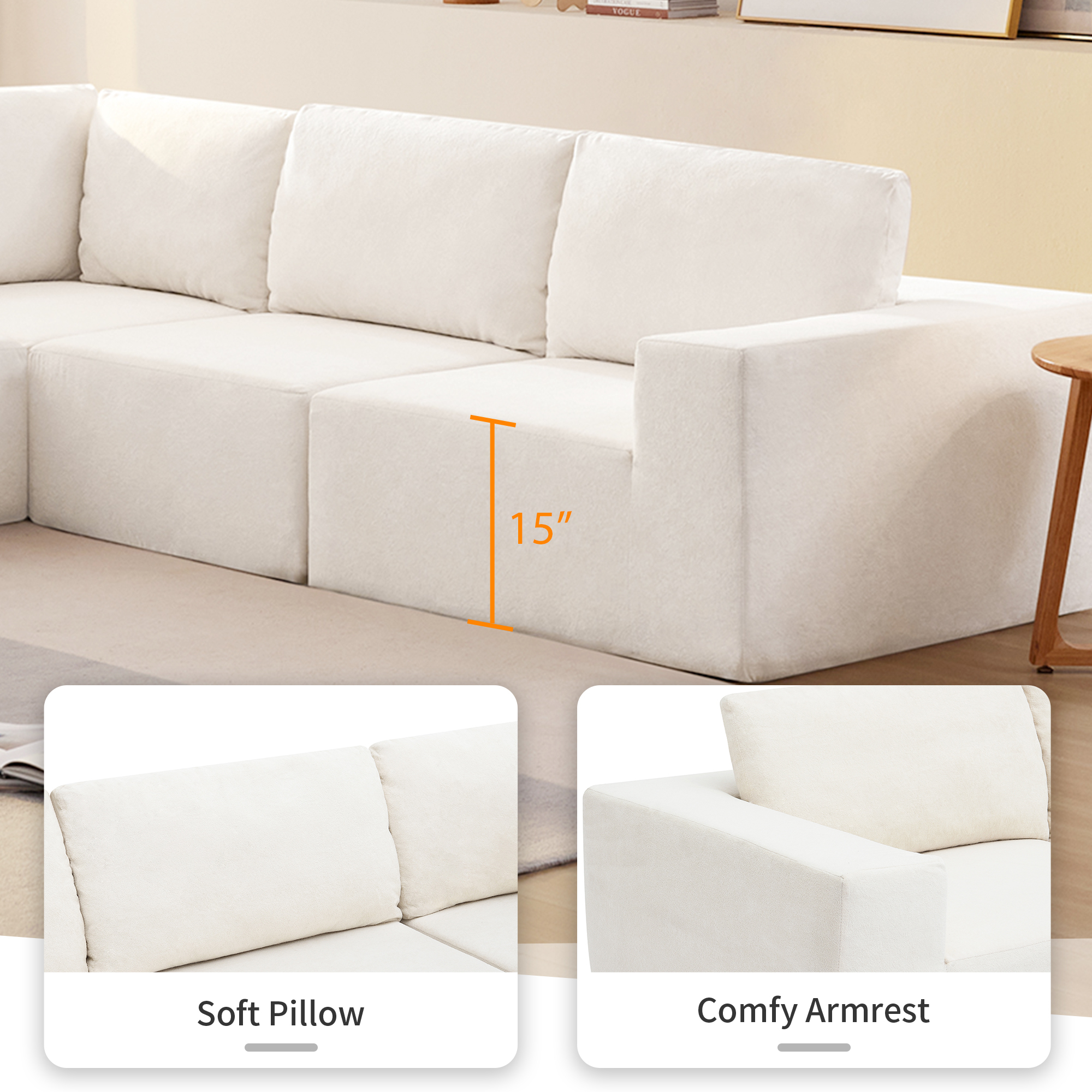 DEALTOPS L Shaped Sectional Sofa Couch, Pure Sponge Sleeper Sofa for Living Room, No Assembly Required, White