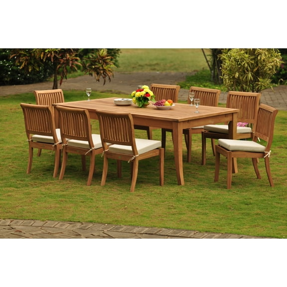 Teak Dining Set: 8 Seater 9 Pc: 118" Atnas Rectangle Table , 2 Stacking Arbor Arm & 6 Armless Chairs Outdoor Patio Grade-A Teak Wood WholesaleTeak #WMDSAB23