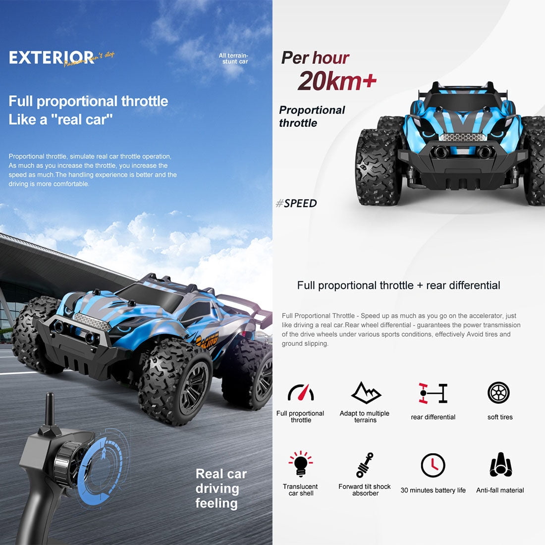 1/20 Scale RC Off-Road Drift Car, 2.4GHz All-Terrain RWD RC Truck with LED Light, 20+ KM/H Mini Racing Truck Car Model Gift for Adult (RTR Version)