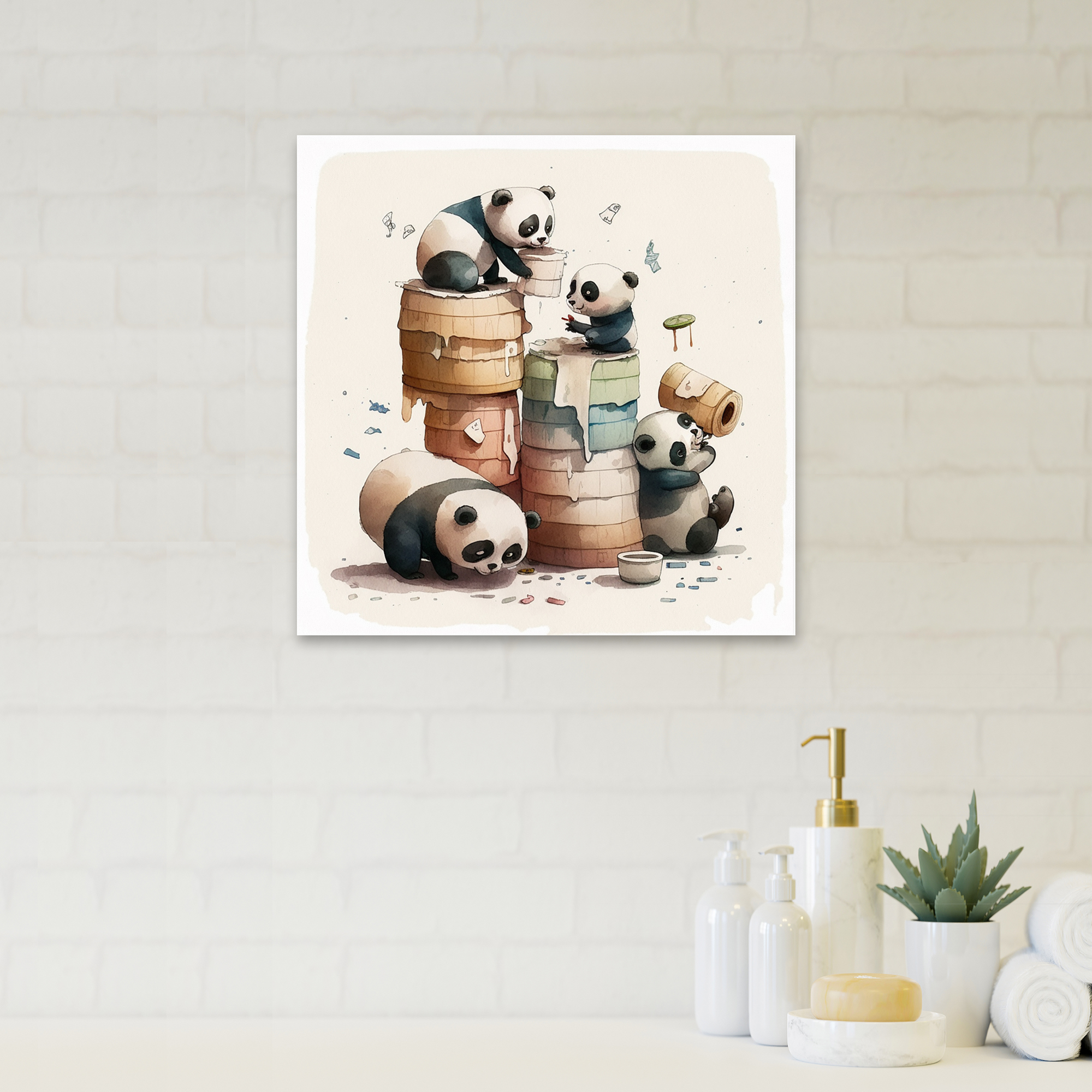 Designart Panda'S Building Tower Of Toilet Paper Canvas Wall Art