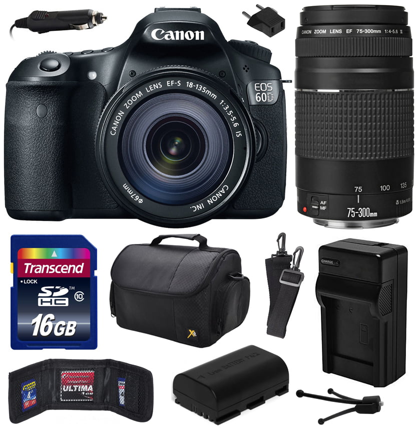 zeil parlement afdeling Canon EOS 60D 18 MP CMOS Digital SLR Camera with 18-135mm f/3.5-5.6 IS UD  and EF 75-300mm f/4-5.6 III Lens with 16GB Memory + Large Case + Battery +  Charger + Cleaning