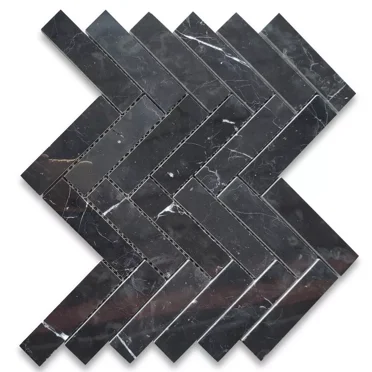 N7Fxp Nero Marquina Black Marble 1X4 Herringbone Mosaic Tile Polished
