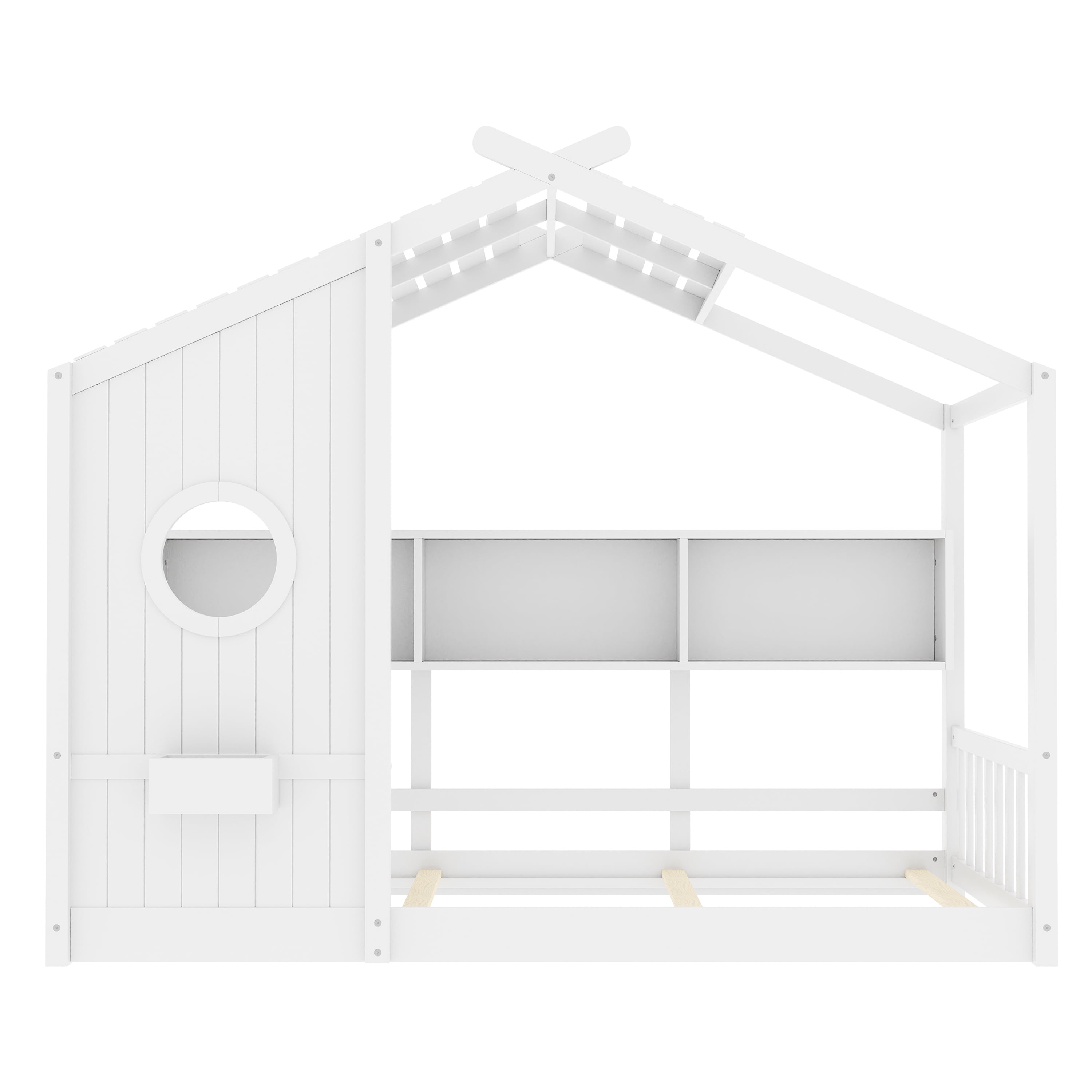 Euroco Wood Twin Size House Bed with Cabinets, Floor Bed with Roof Design and Storage Shelves, White
