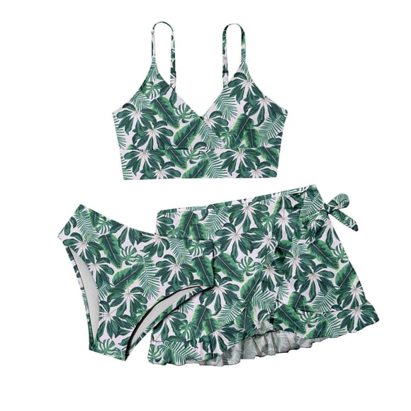 adviicd Swim Suits Teens Girls 3 Piece Swimsuits Bathing Suit Cute Ruffle Floral Print Bikini Set with Skirt Kids Swimwear 8-14Y(Green,10-11 Years)