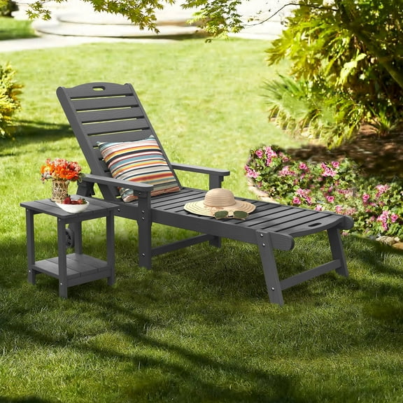 Dycanpo Lounge Chair Outdoor, Resin Chaise Lounge with Wheels & Adjustable Backrest, Dark Gray