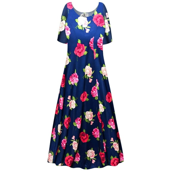 Plus size 9x Extra Tall Womens Dress Rose Bloom Sea Designer Print Short Sleeve Princess Cut