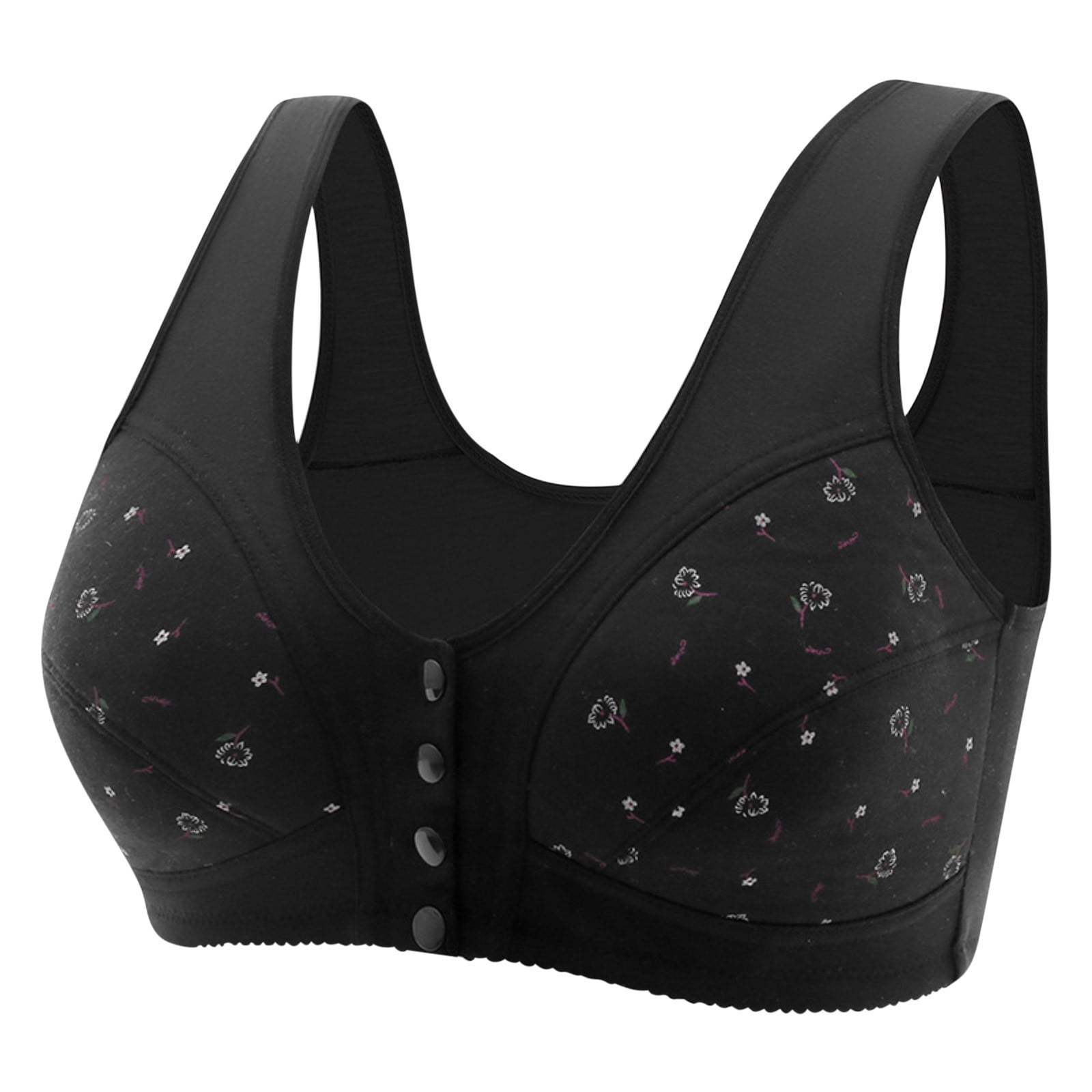 FNFYFH 3 Pack Wireless Bras for Older Women Front Close Button Daisy Printed Bras,Comfort Breathable Seamless Bra Plus Size 2025 No Underwire Womens T-shirt Bras