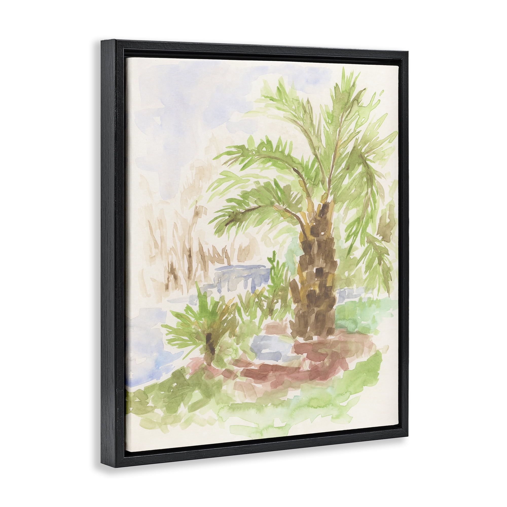 Stupell Industries Palm Tree River's Edge Landscape & Nature Painting Black Floater Framed Canvas Art Print Wall Art, 25 x 31
