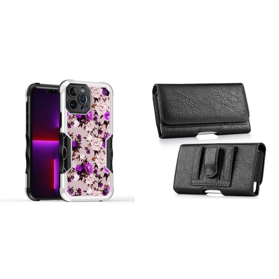 Case and Pouch Bundle for iPhone 14: Heavy Duty Armor Rugged Case (Purple Pink Flowers) and Coin Card Wallet Belt Holster