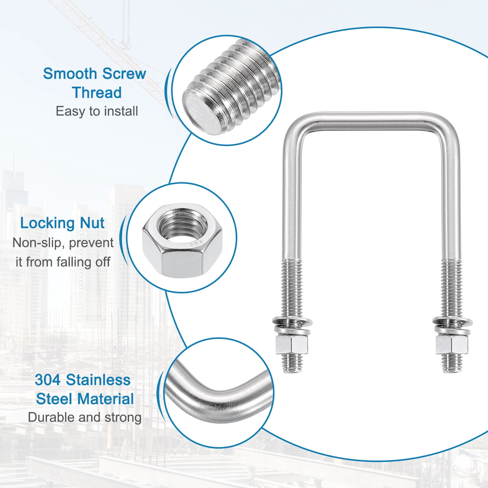 Uxcell U Bolts, 4 Set 3-1/16" x 5-5/16" - 304 Stainless Steel Square U Bolt with Washers and Nuts, Heavy Duty U-Bolts for Boat Trailer Ski Boat Trailer Sailboat Industrial Fasteners