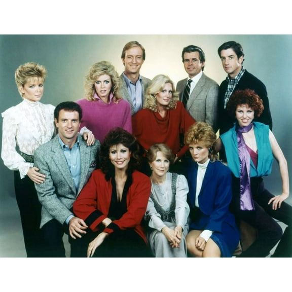 Knots Landing, Standing L-R: Lisa Hartman, Donna Mills, Ted Shackleford, Joan Van Ark, William Devane, Seated L-R: Kevin Dobson, Michele Lee, Julie Harris, 1979-93. � Lorimar Television/Courtesy