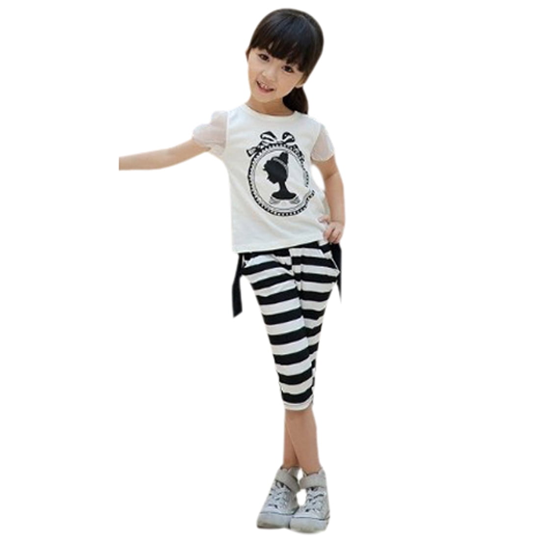 K-Cliffs Little Girls 2 Piece Casual  Young Princess Portrait Silhouette in Black Velvet in Victorian Frame with Black/White Striped Capri Pants, 3Y, 100% Cotton