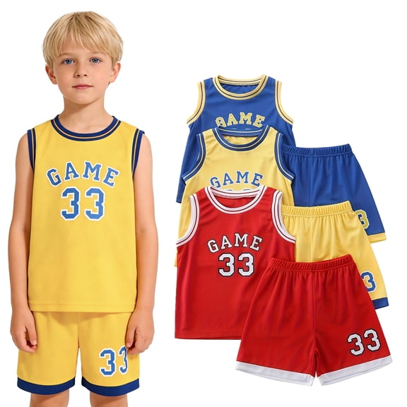 Fdqin Boys Athletic Shorts Set 6 Pieces Basketball Jersey Outfits for Kids Sleeveless Tank Top and Shorts Summer Activewear Red Yellow Blue 7-8Years