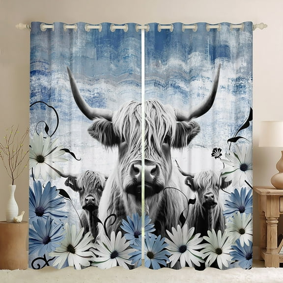 Highland Cow Curtains 30%-50% Blackout,Blue Western Farmhouse Curtains & Drapes for Bedroom,Longhorn Cattle Window Curtain Daisy Flowers Curtains Cowboys Gifts for Men Women