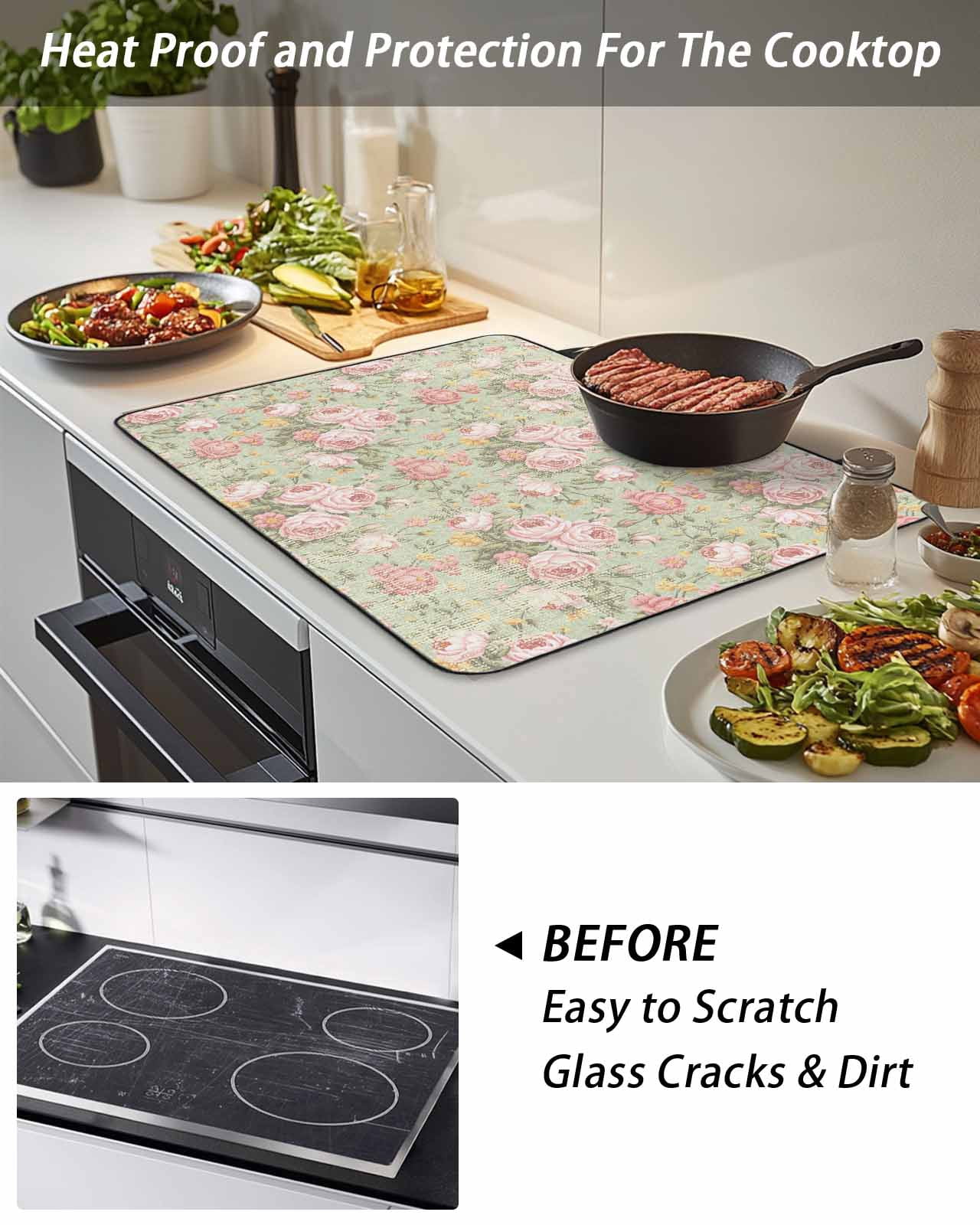 Stove Top Covers for Electric Stove, Pink Flowers Glass Stovetop Cover Protector, Green Country Botanical Floral Leaves Induction Cooktop Protector Oven Mat for Kitchen Countertop 24"x21"