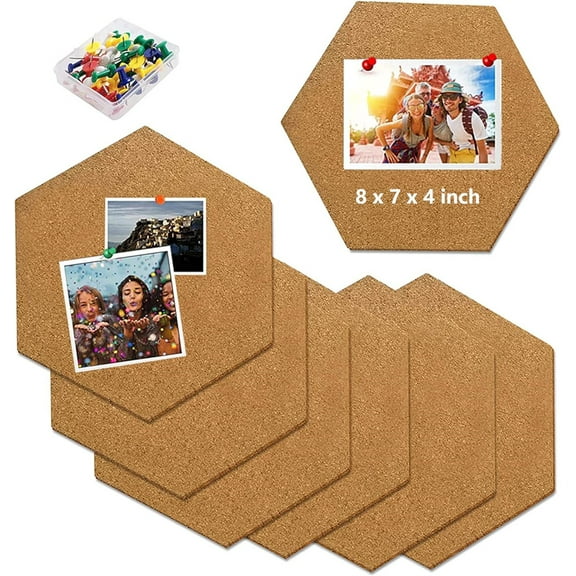 NOGIS Hexagon Cork Board Tiles Self Adhesive 6 Pack - 1/2" Thick Corkboards for Wall 8" x 7" Memo Boards Pin Board Decorative Bulletin Board for Office Home Kitchen - 40 Multi-Color Push Pins