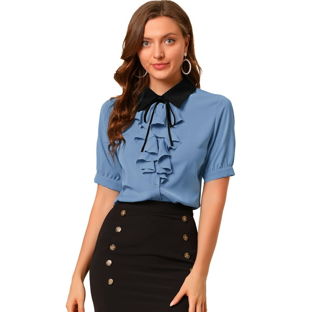 INSPIRE CHIC Chemise de Travail à Manches Courtes pour Femmes avec Col Contrasté, Nœud à Volants et Boutons devant