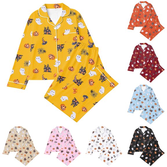 JAJAHO Girls Halloween Pajamas 2-Piece Pjs Set Kids Long Sleeve Button Down Shirt And Pants Home Clothes 3-14Y