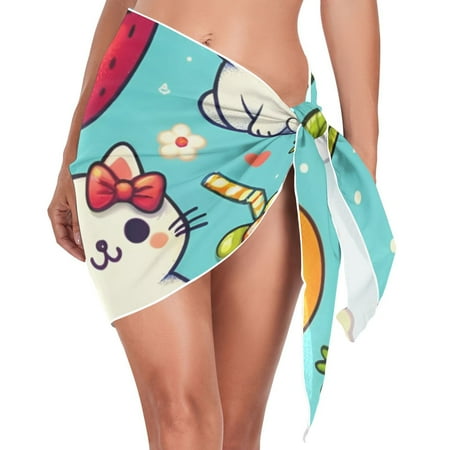 Cartoon Cats and Fruit Women Coverups Beach Cover Up Chiffon Swimsuit Bikini Wrap Short Skirt Beach Slit Tie Waist