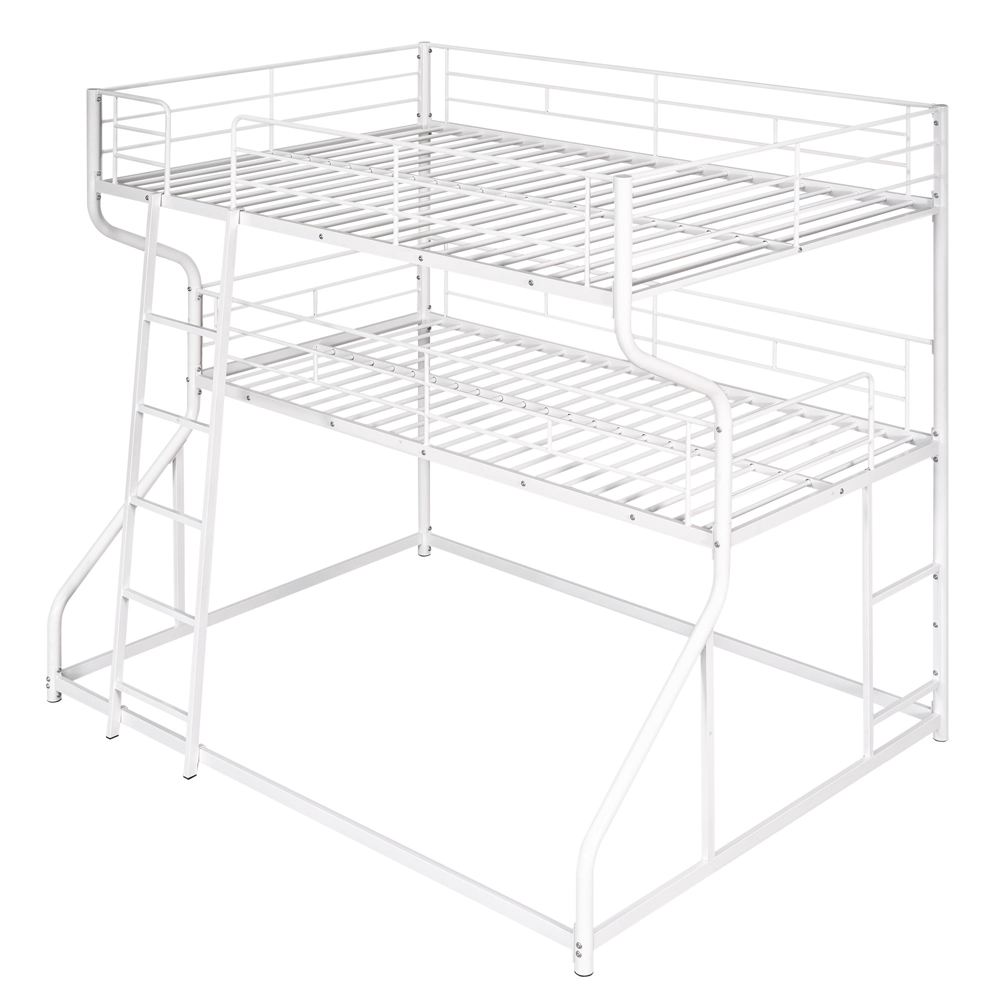 PORKISS Full XL over Twin XL over Queen Triple Bunk Bed, Metal Bunk Bed with Long and Short Ladder for Kids Teens Adults, No Box Spring Needed, White