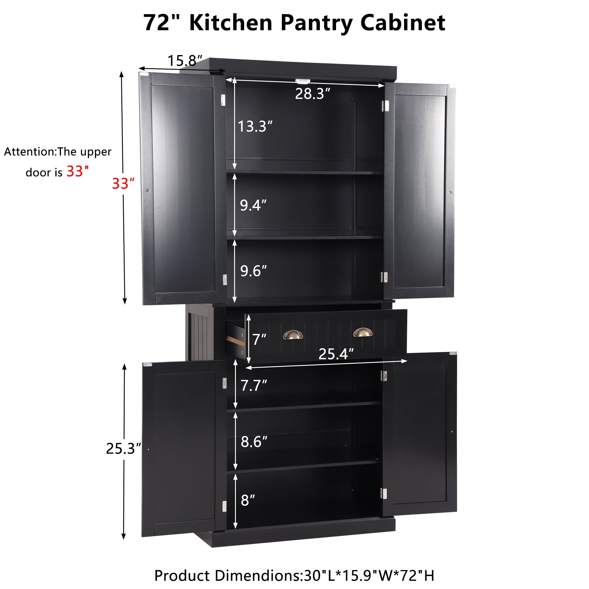 KIGOTY 72'' H Tall Kitchen Pantry with 4 Doors ,A Large Drawer Freestanding Pantry Cupboard Black Storage Cabinet for Dining Room ,Office