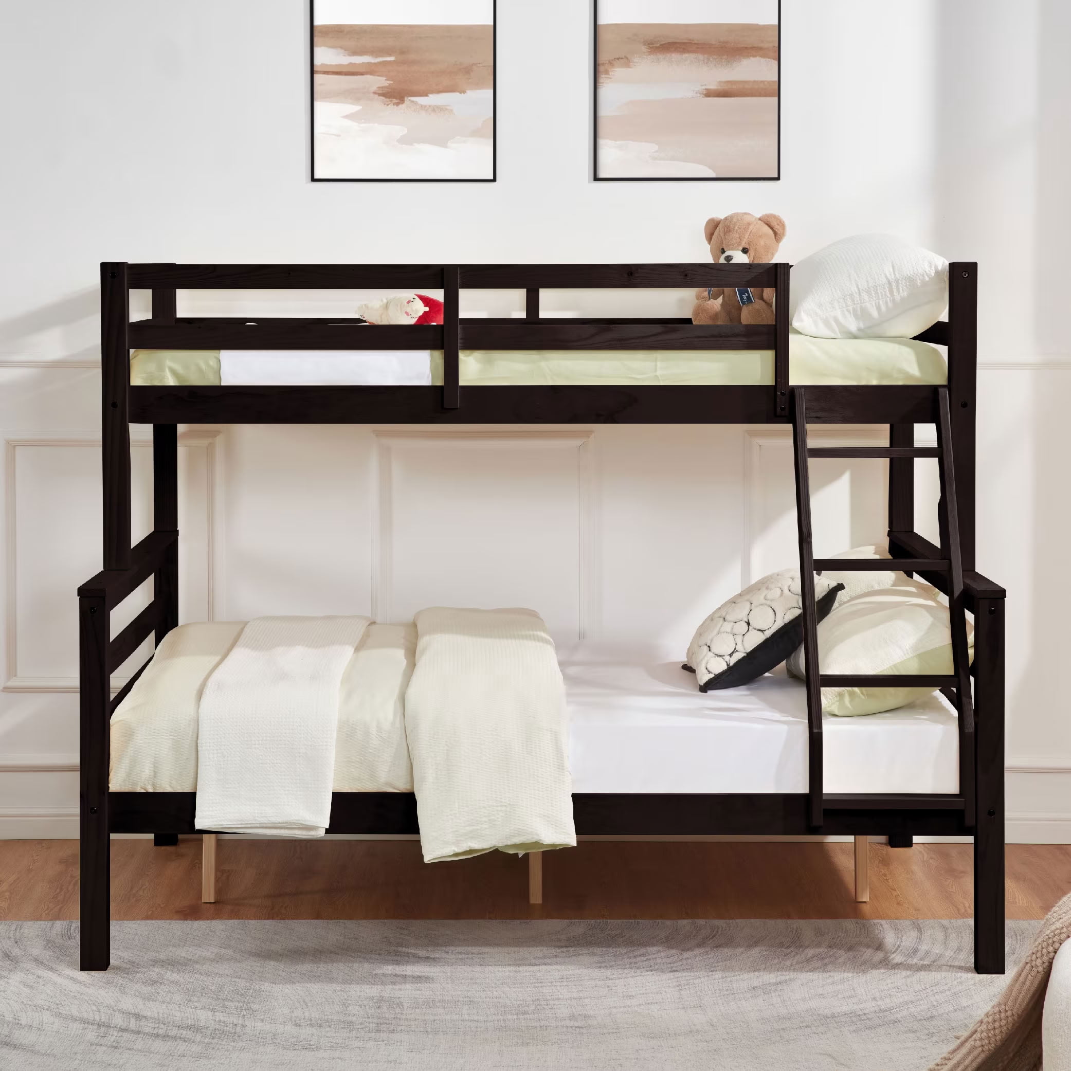 MAYEERTY Twin over Full Bunk Bed with Thick Posts, Solid Wood Bed Frame with High Guardrail and Ladder, for Kids Teens Dorm Rooms Guest Rooms, No Box Spring Needed