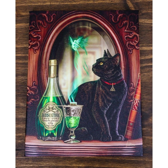 Absinthe Spirit Magical Potion Black Cat By Mirror Wood Framed Canvas Wall Decor