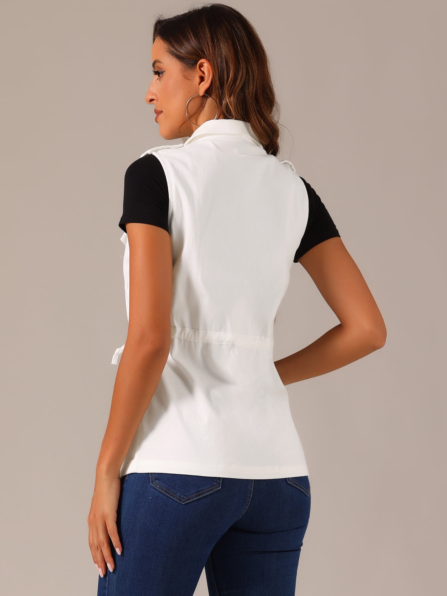DARING DIVA Women Functional Pockets Drawstring Waist Cargo Vest M White