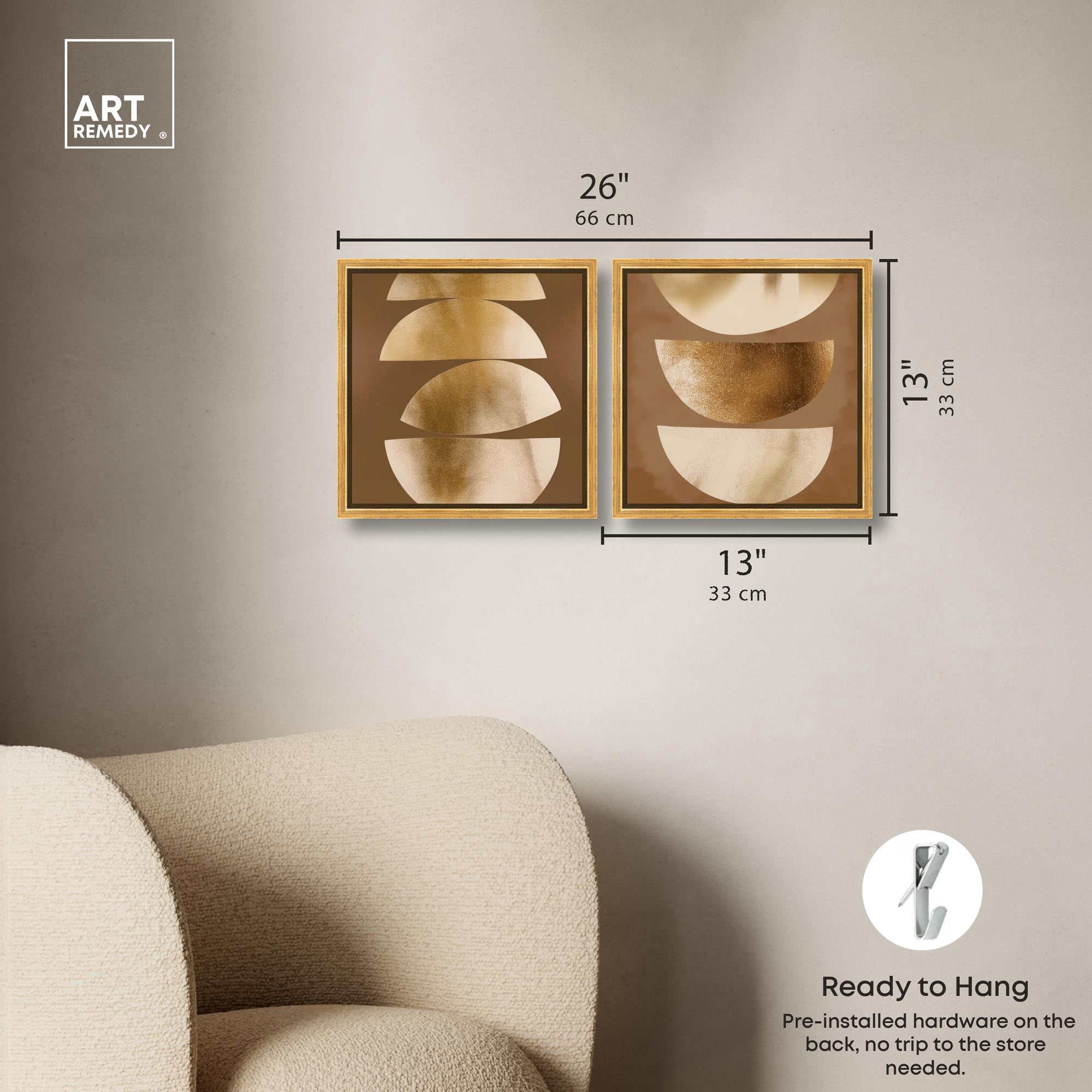 Gold Crescents Diptych Canvas Print Beige Wall Decor Set by Art Remedy, Gold Frame, 12 x 12