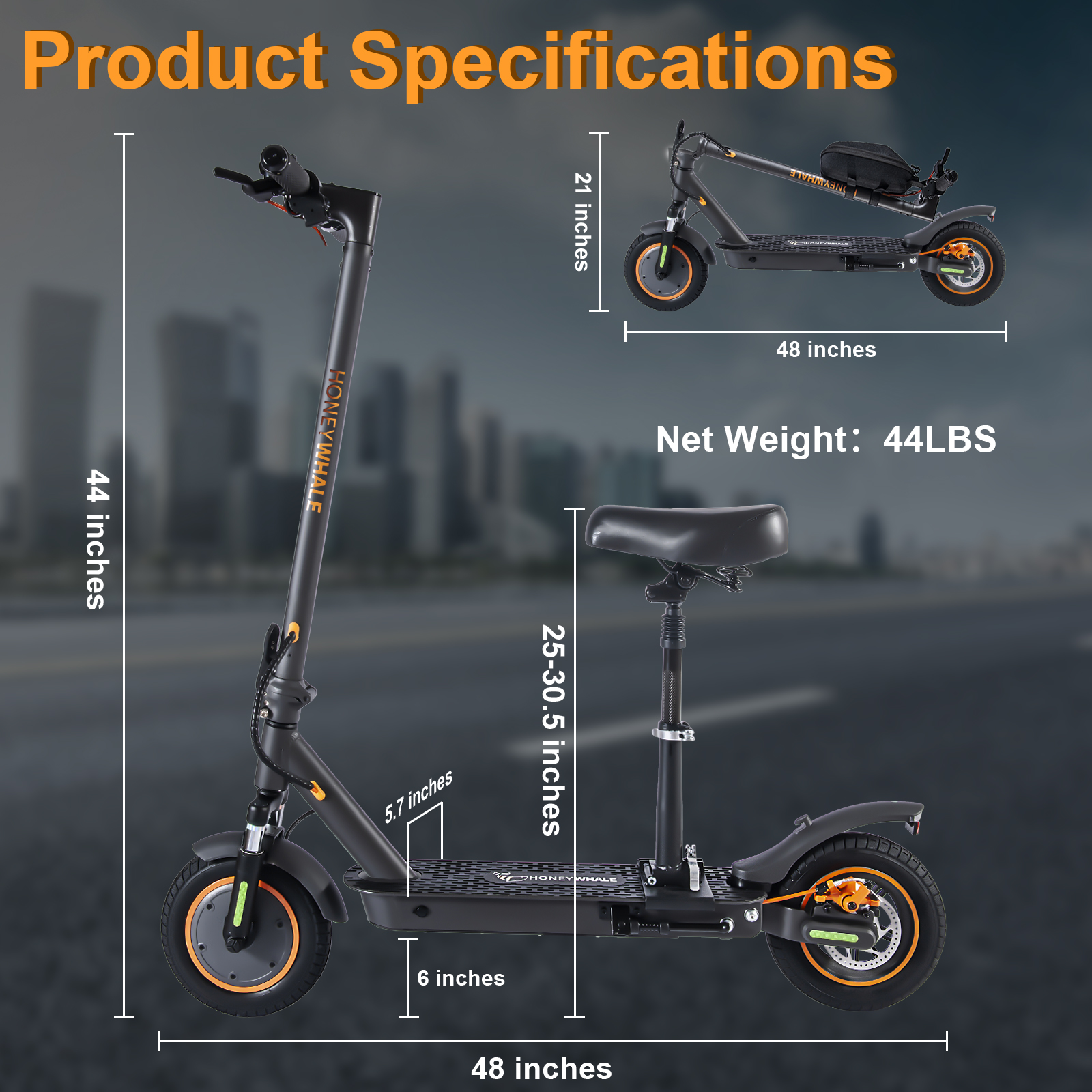 HONEYWHALE M2MAX-B Electric Scooter for Adults with Seat, Max 25 mile Range and 20 Mph Speed, 10" Pneumatic Tires, 500W Foldable E-scooter