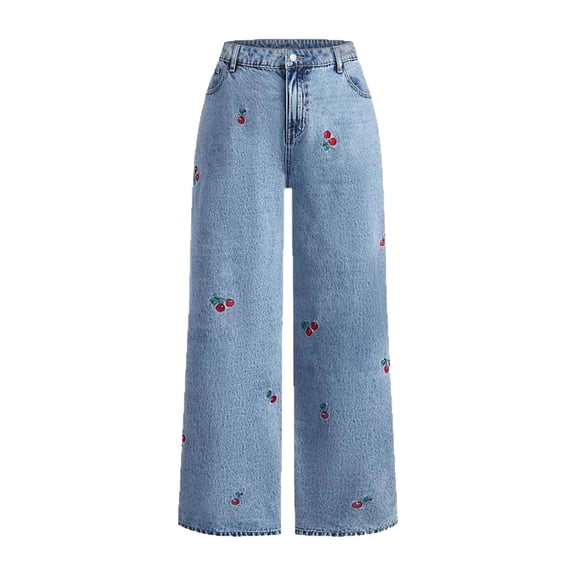 Women's Cherry Embroidered Jeans, Vintage Washed Distressed Denim Pants, Mid Rise Straight Leg Stretch Jeans for Casual Wear, Retro Style and Daily Outfits Blue L