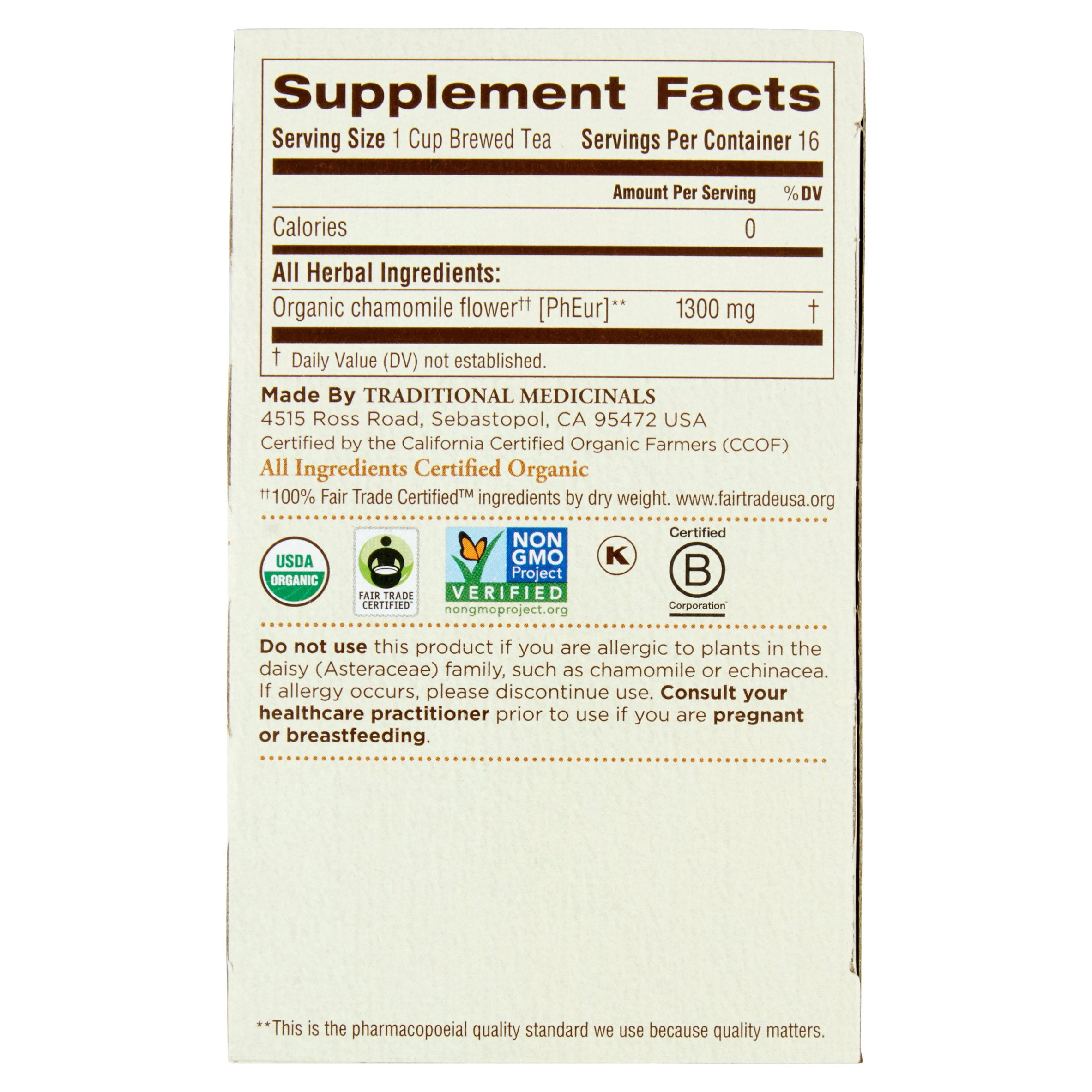 Traditional Medicinals Organic Chamomile Wrapped Tea Bags, 16 count, .74 oz, 6 pack