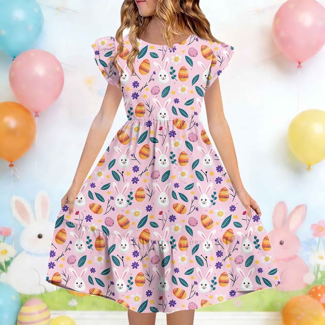 Vestido de verano para niños de 5 a 14 años, manga corta, cuello redondo, estampado de doble capa, plisado y con mangas cortas.