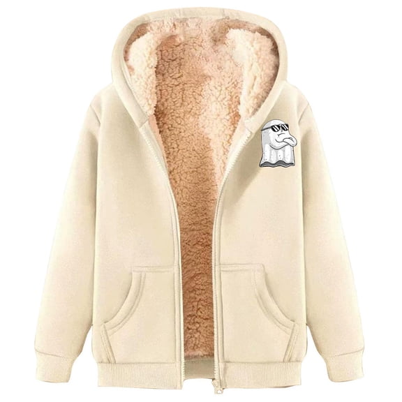 Halloween Women Hoodies Unisex Patterned Zip Up Sweatshirt Long Sleeve Pullover Tops With Pockets Fleece Lined Warm Apparel Beige L