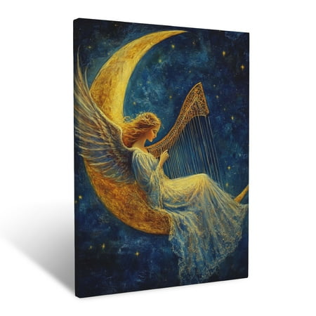 CozyNet Angel Resting On A Crescent Moon A Serene Figure Glowing In The Night Sky Holding A Harp Wall Art Prints With Frame Canvas Perfect for Living Room & Bedroom Wall Decor 16 x20