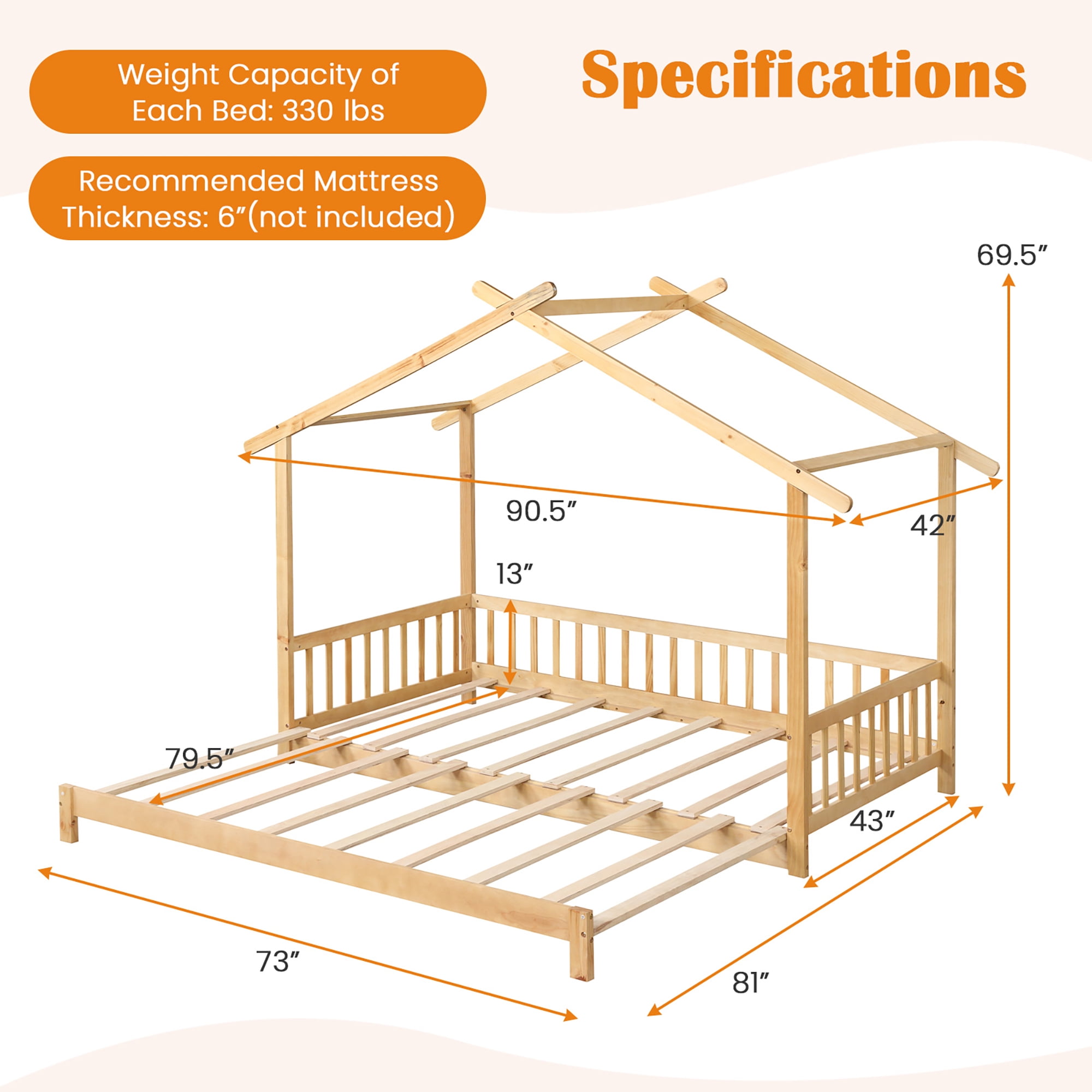 Gymax Wooden House Bed Twin to King Daybed w/ Safety Rails & Decorable Roof Natural