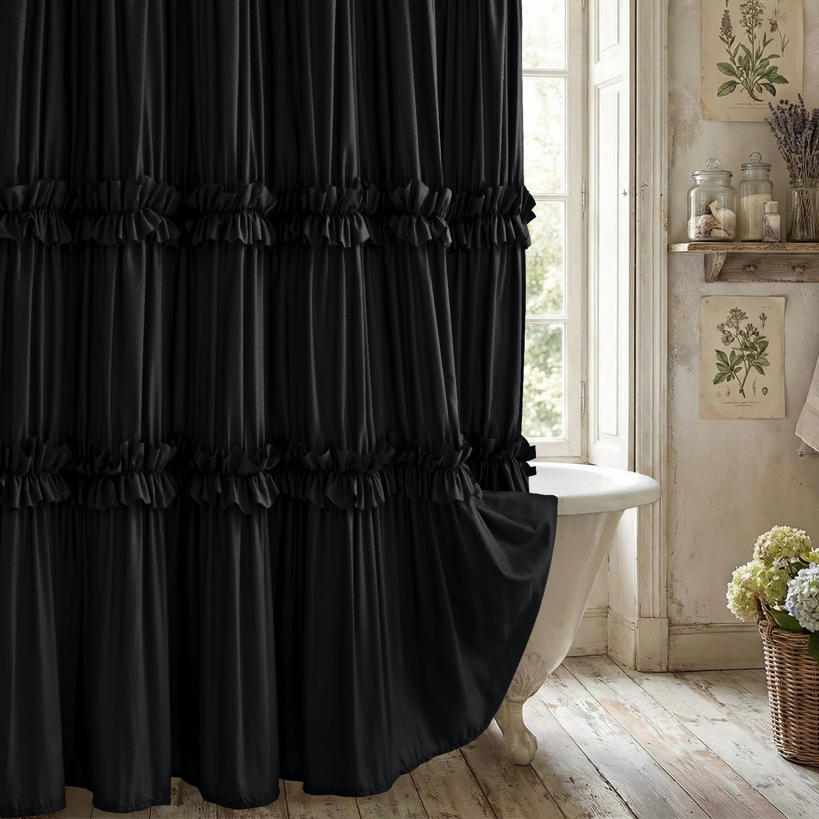 Seasonwood Ruffle Shower Curtain,Black Tiered Fabric Bathroom Curtain for Farmhouse Decor,72 x 72 Inch