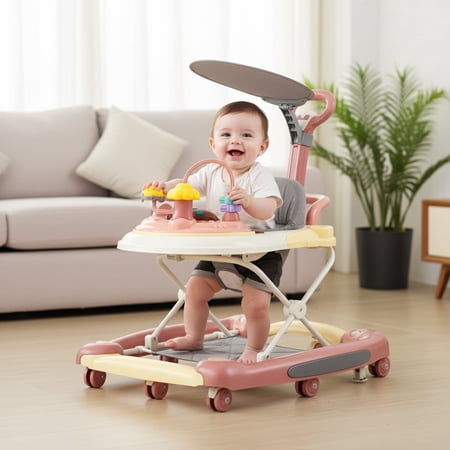 PUEDO 5-in-1 Baby Walker with Wheels Infant Toddler Walkers Bouncer for Baby Boys Girls 7 Months+ Pink
