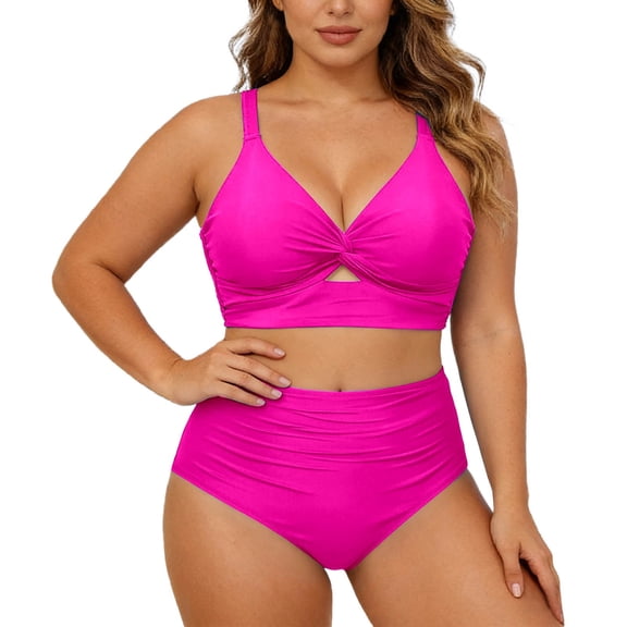 Women Plus Size Two Piece Set Swimwear Sleeveless Bikini Set Solid Color Camis Top Comfortable Fit Beachwear Hot Pink,4Xl